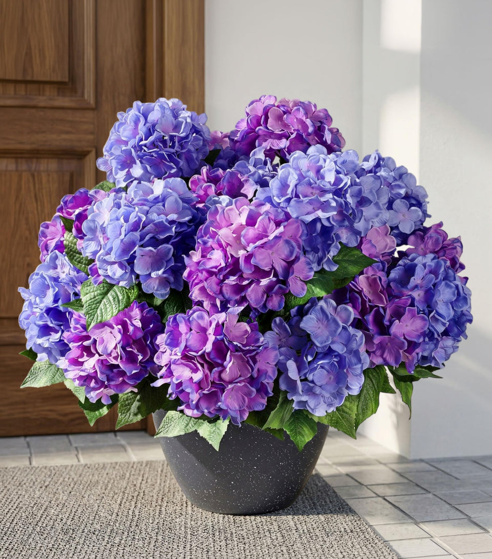 Ivydale outdoor purple-blue hydrangea flowers in a four-piece centerpiece.