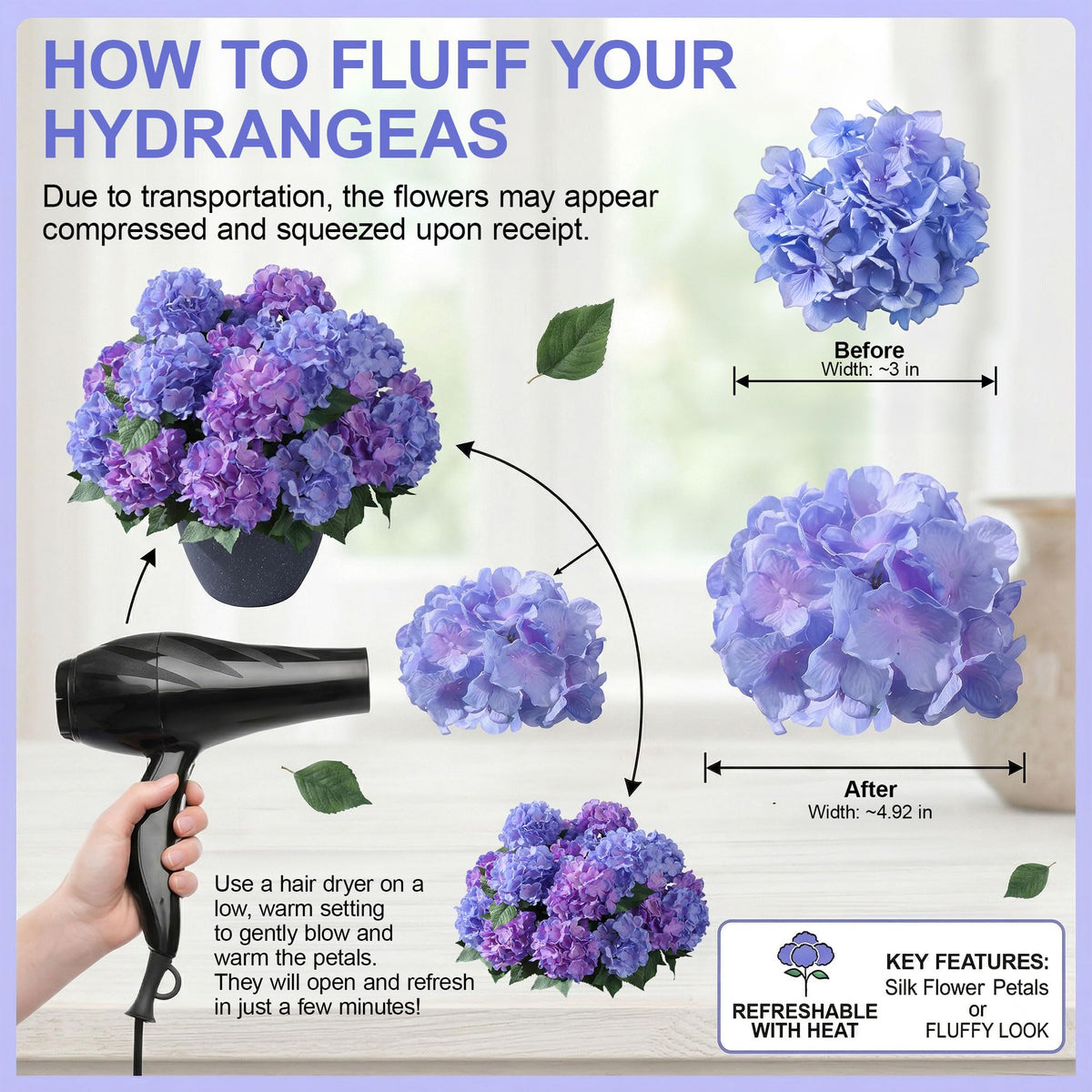 Ivydale hydrangea petals with soft-touch finish for natural look.
