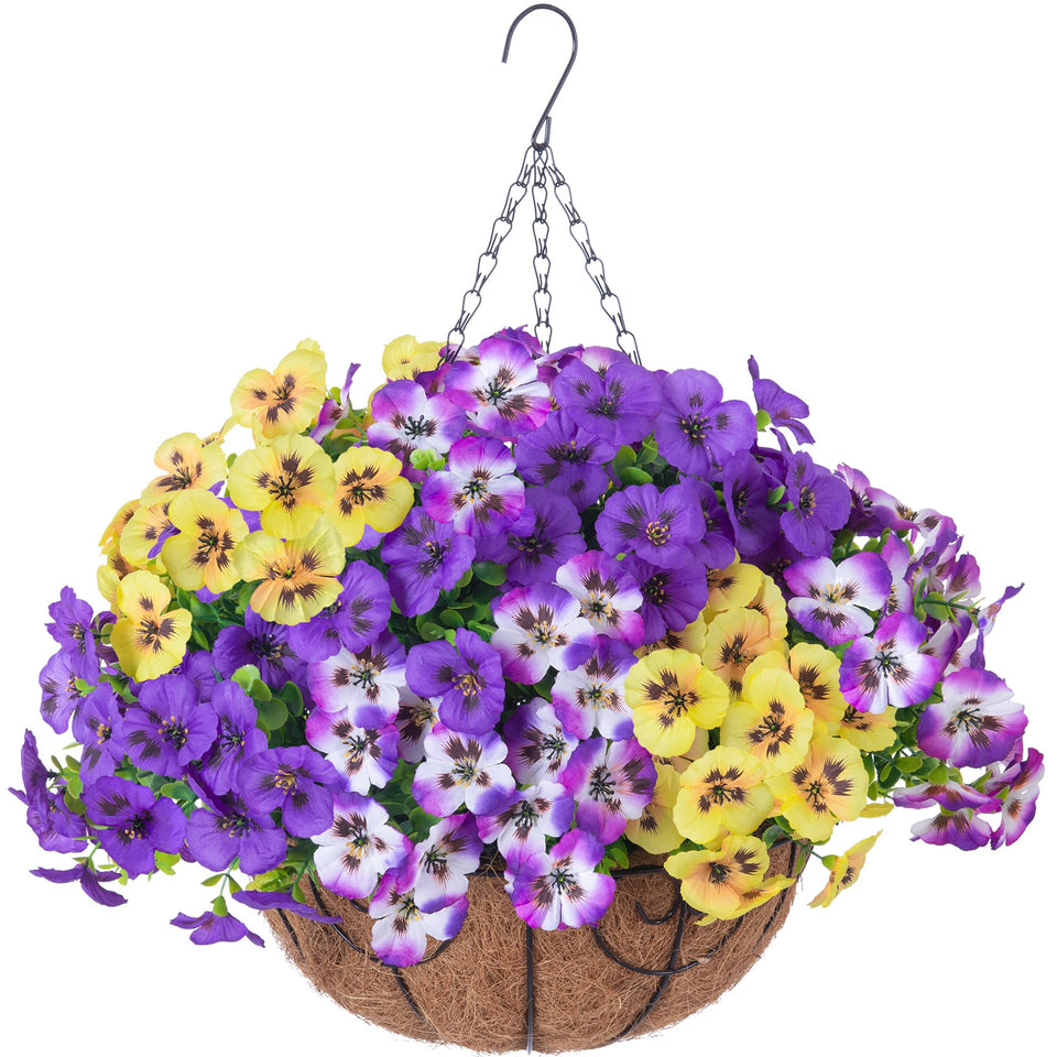 Ivydale artificial pansies hanging basket brightens the front porch with year-round color.