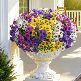Artificial silk pansies add year-round color to window boxes and patios.