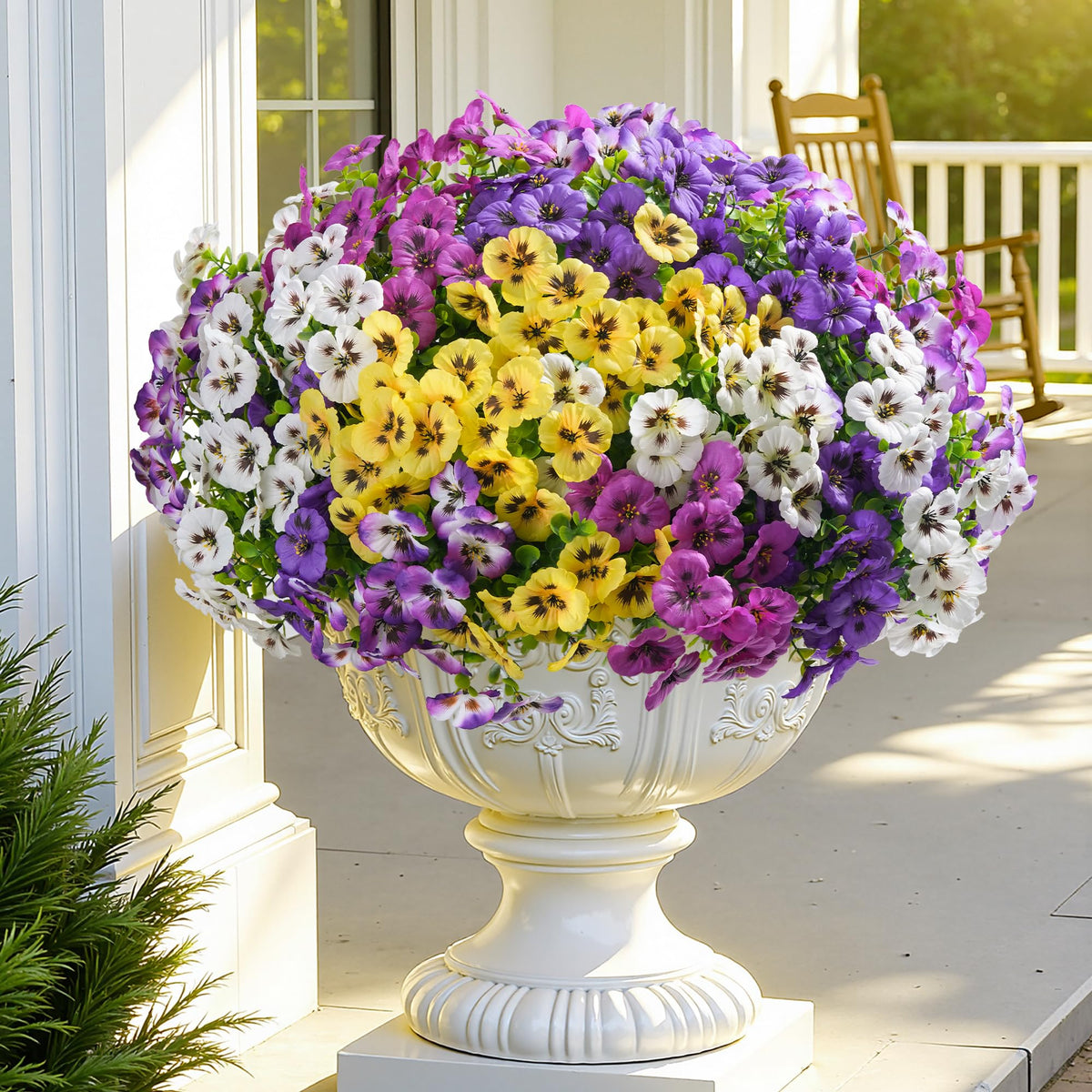 Ivydale artificial pansy clusters blend silk and plastic for outdoor charm.