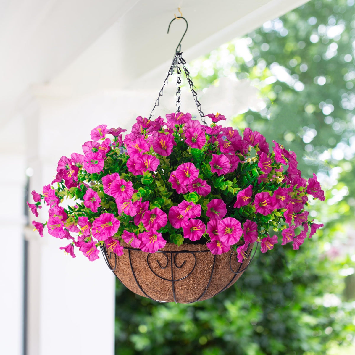 Ivydale artificial silk hanging flowers on a porch for year-round color.