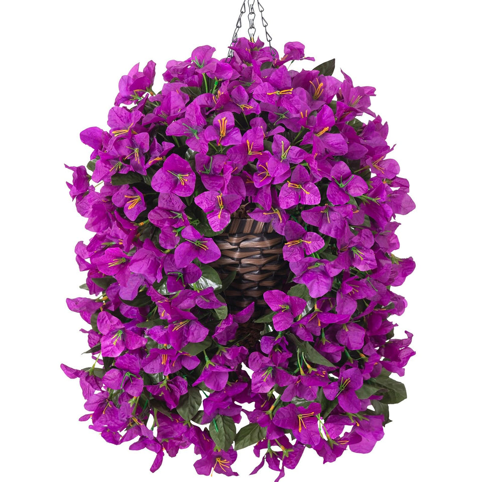 Ivydale Bougainvillea artificial flowers hanging basket with 3pcs for year-round outdoor decoration.