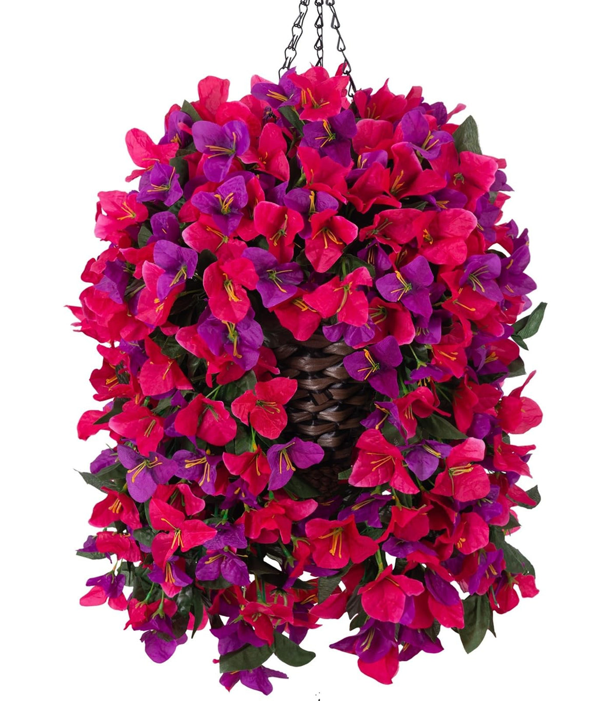 Ivydale Bougainvillea hanging flowers in a cone basket for outdoor decor.