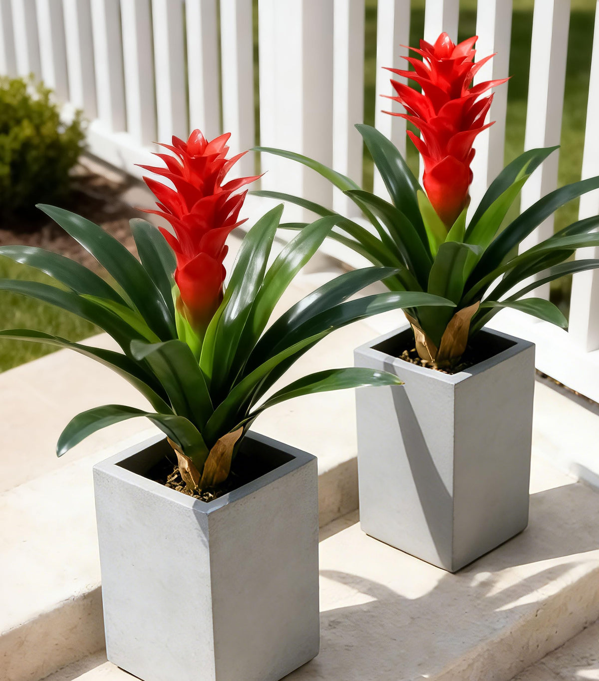Ivydale bromeliad artificial flowers in outdoor planter for durable color