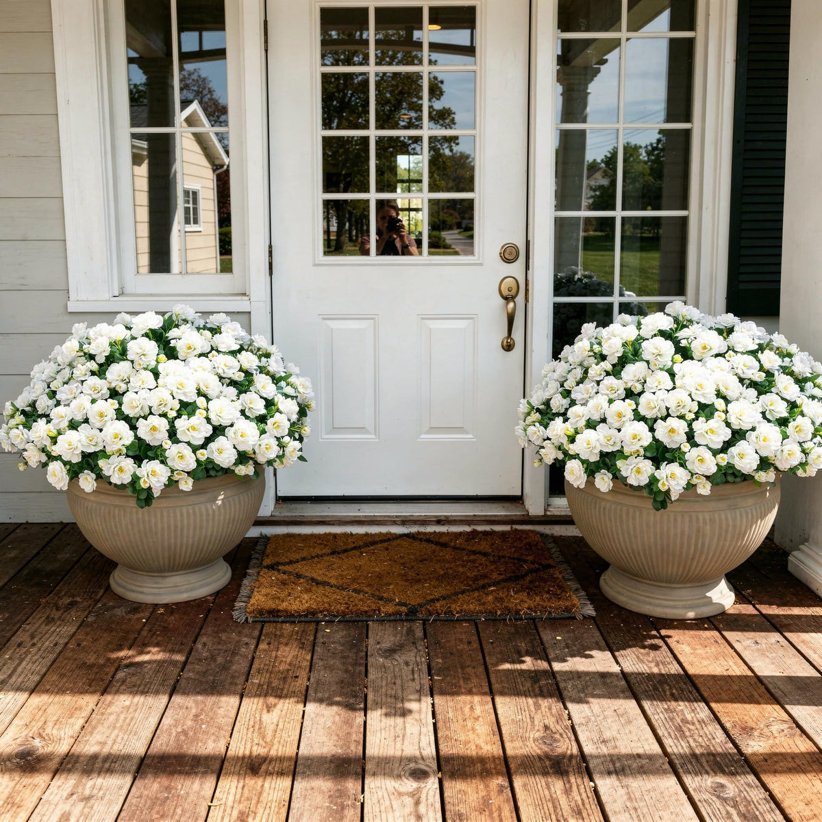Ivydale camellia patio faux plant brightens outdoor spaces without watering.