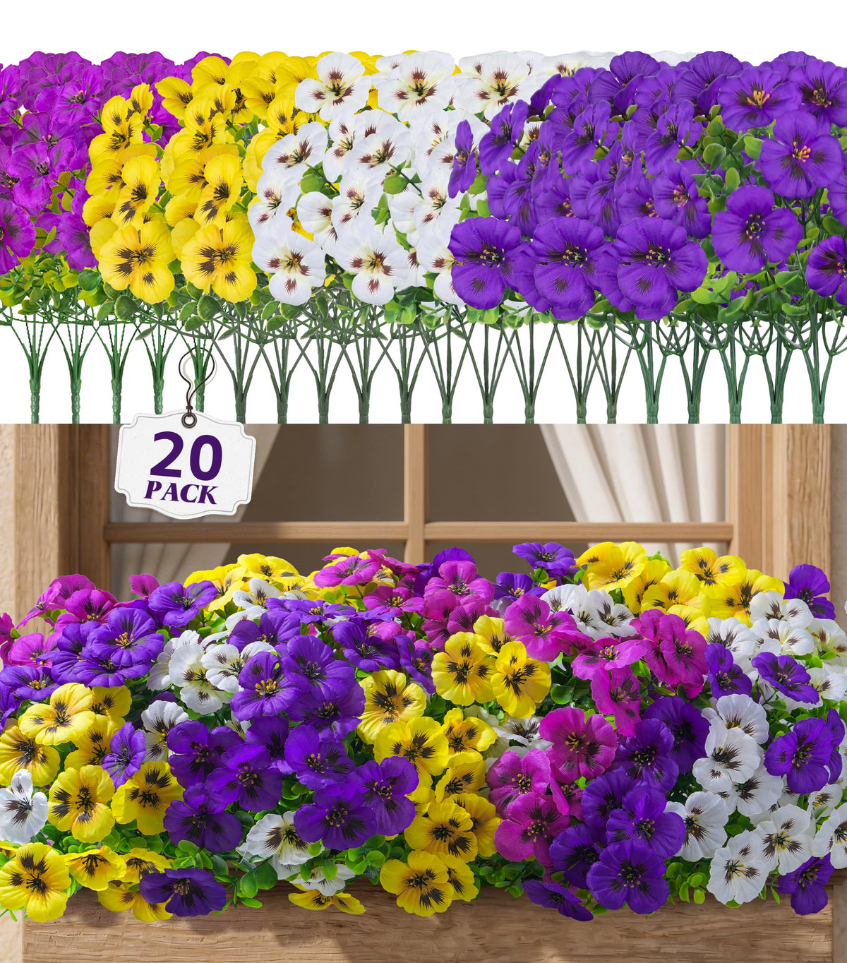 Ivydale faux pansies in fuchsia purple white for UV-resistant front porch decor.
