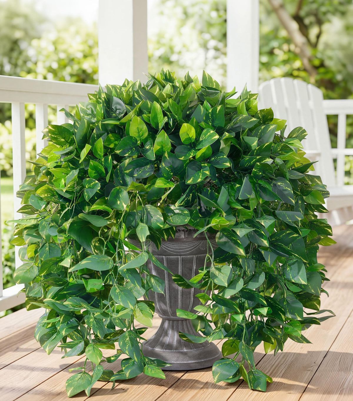 Ivydale faux pothos hanging on porch for year-round greenery.