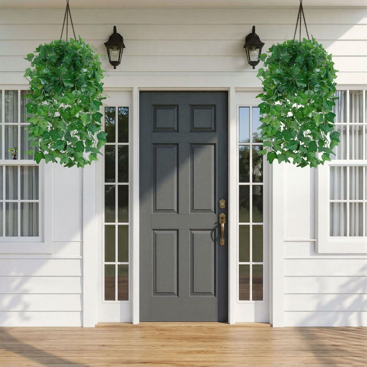 Ivydale greenery by front door enhances welcome with a natural look.