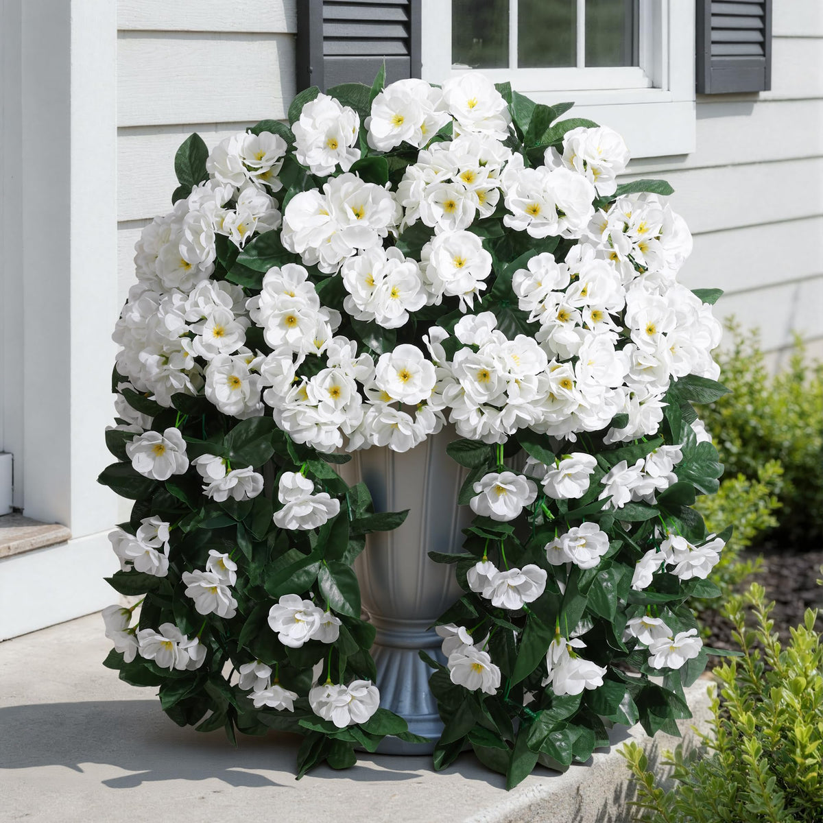 Ivydale geraniums drape over planters for porch or balcony decor.