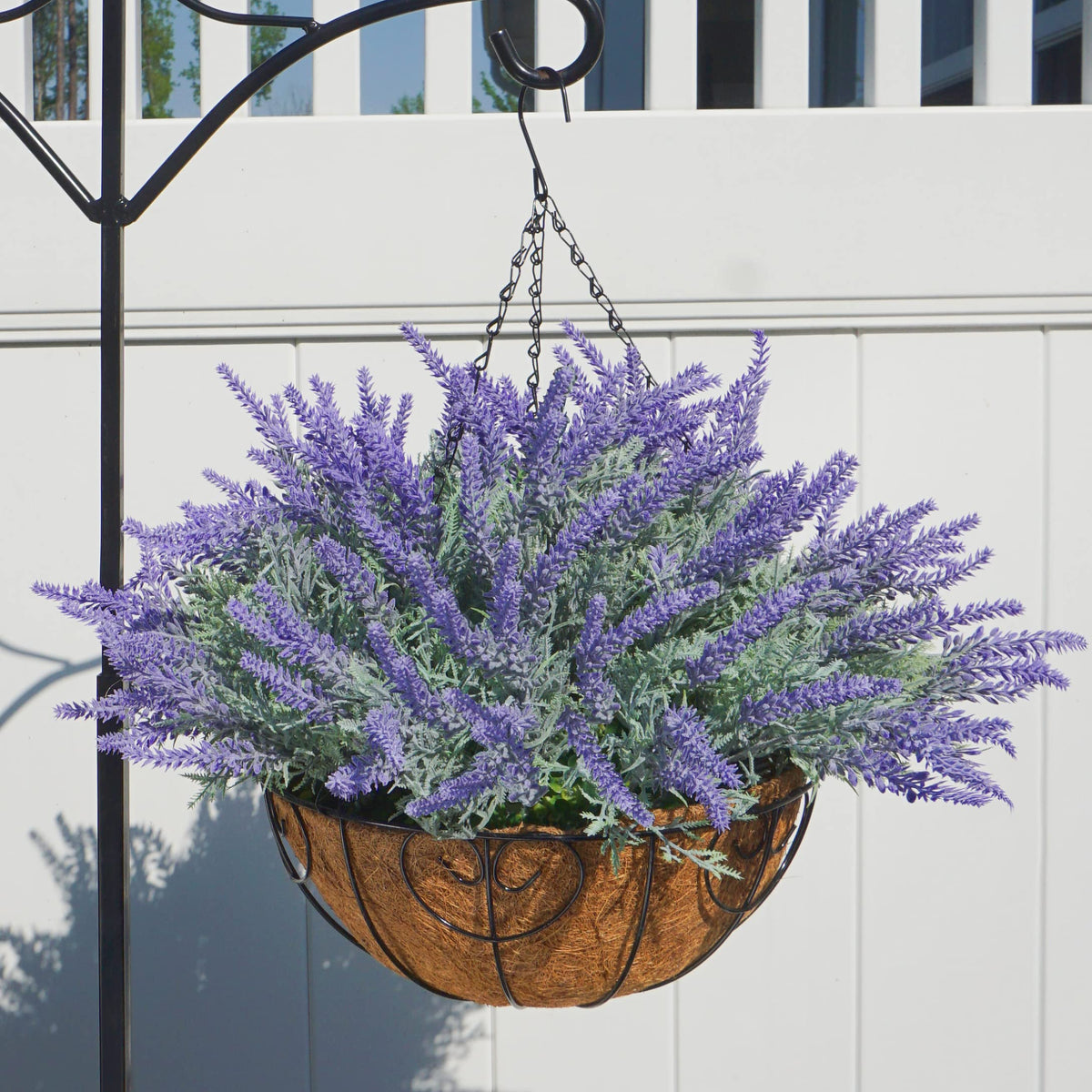 Ivydale hanging flower basket with lavender blooms adds year-round charm to porches.