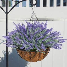 Ivydale hanging flower basket with lavender blooms adds year-round charm to porches.