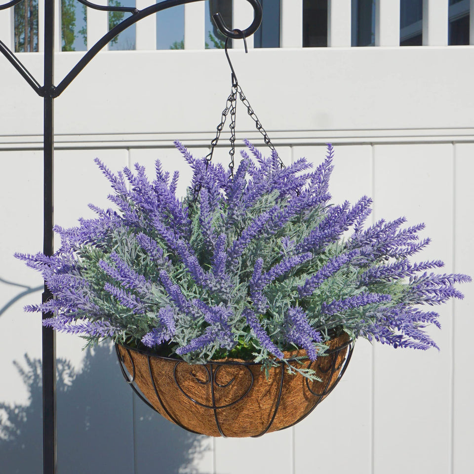 Ivydale hanging flower basket with lavender blooms adds year-round charm to porches.