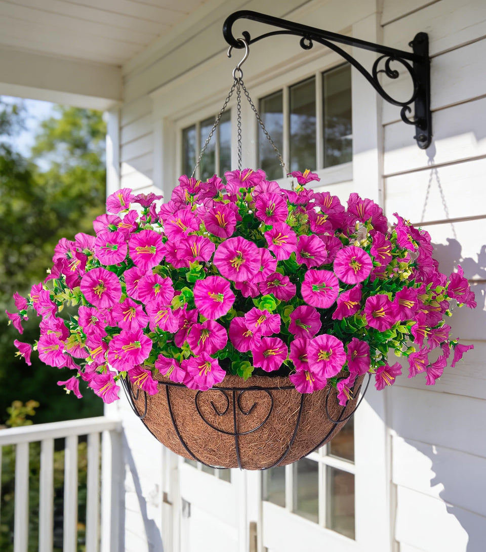 Ivydale Morning Glory faux hanging flowers in a basket front view for outdoor decor.