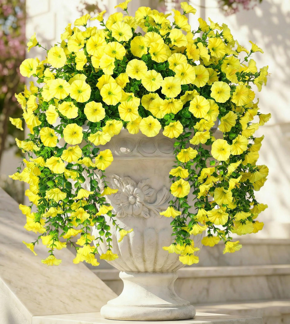 Ivydale morning glory hanging flowers with eucalyptus leaves for outdoor decor and UV resistance.