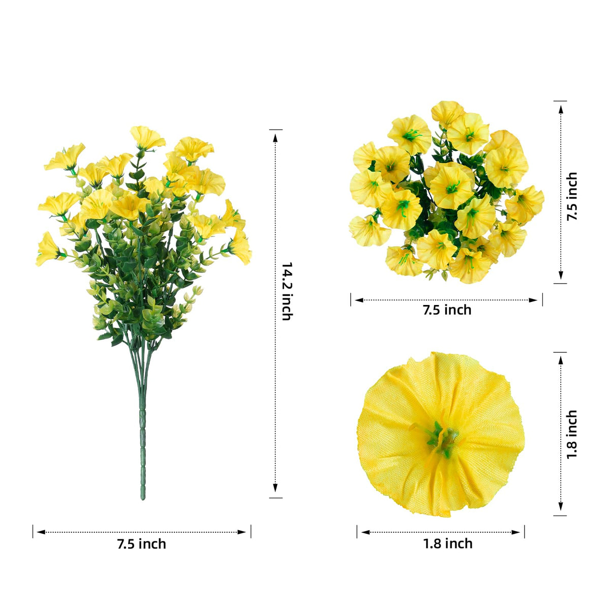 Ivydale outdoor arrangement close-up highlights vivid yellow blooms and eucalyptus leaves.