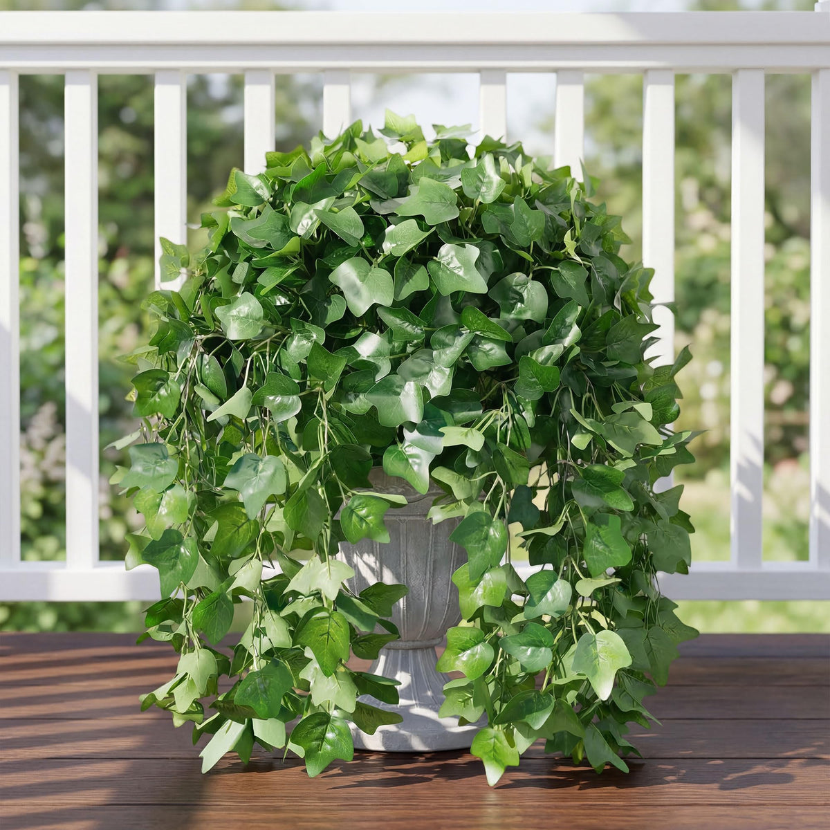 Ivydale faux ivy on pergola creates a verdant backdrop.