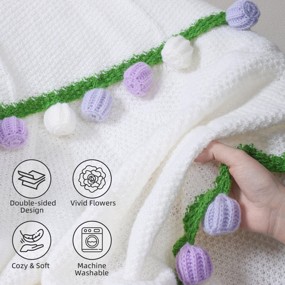 Ivydale rose-detail knit stitches highlight handmade charm and warmth.