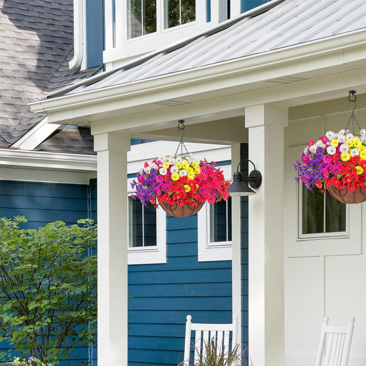 Ivydale silk morning glory with eucalyptus detail enhances outdoor porch