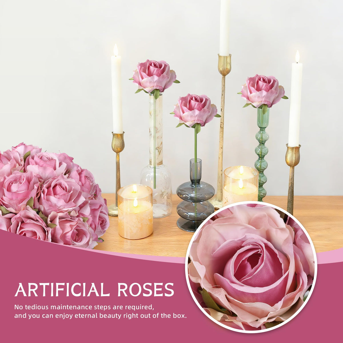 Ivydale silk rose stems with flexible wiring for versatile vase arrangements.