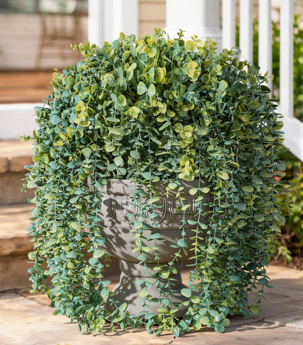 Ivydale white faux eucalyptus vines close-up showing lifelike texture for porch decor.