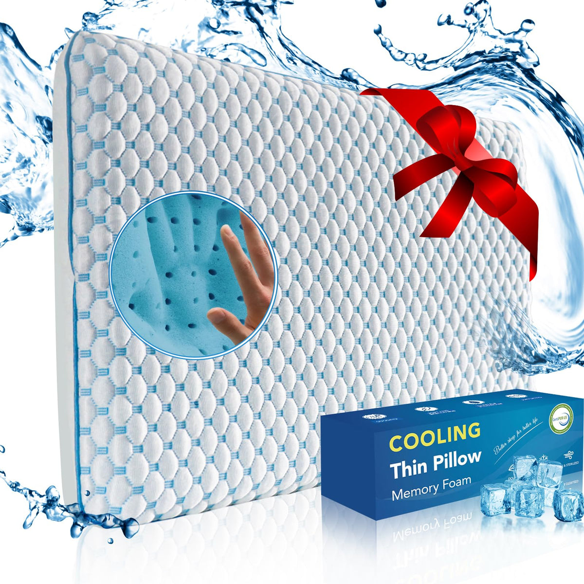 Iwacool flat pillow with cooling memory foam core for restful sleep