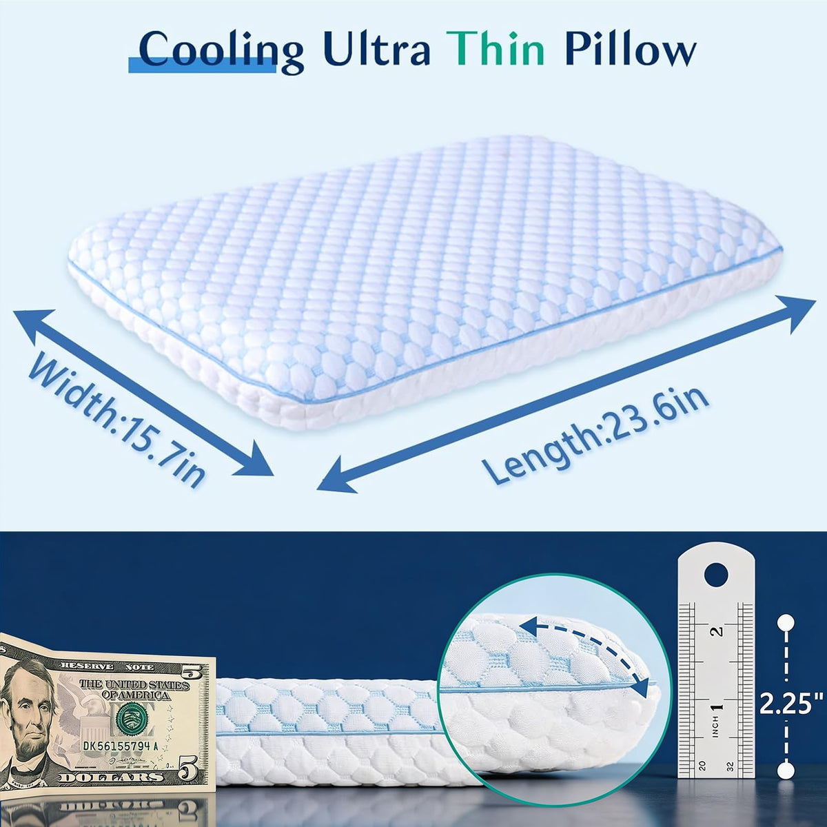 Iwacool Thin Pillow side view illustrating low-profile support for stomach sleepers