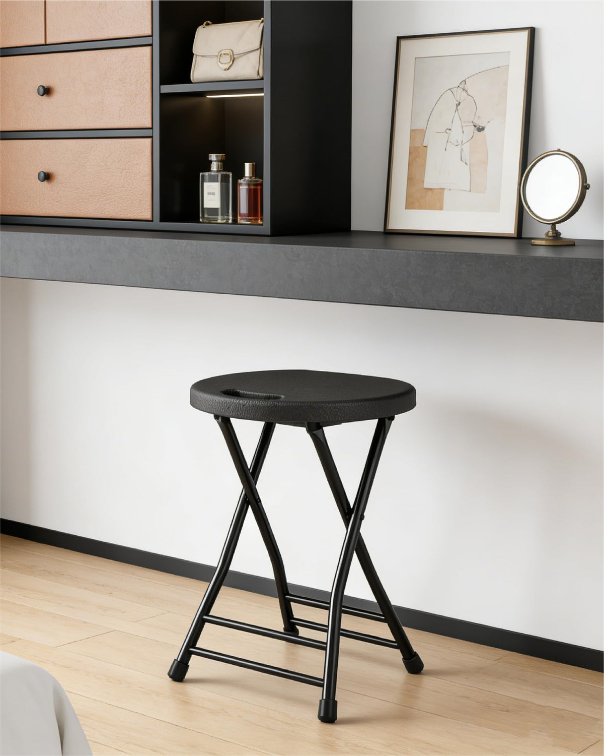 IWDOO folding stool steel frame provides durable indoor and outdoor seating