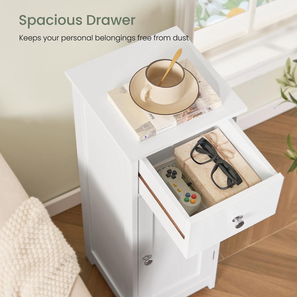 Iwell cabinet top space used for a compact coffee maker.
