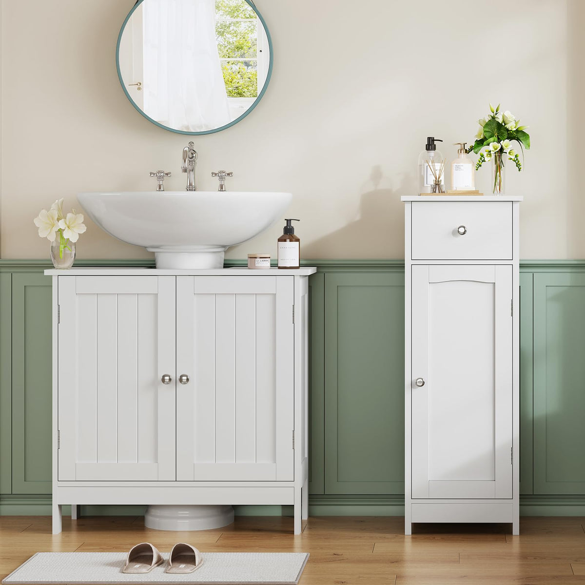 Iwell cabinet with hidden shelf behind door for bathroom essentials.