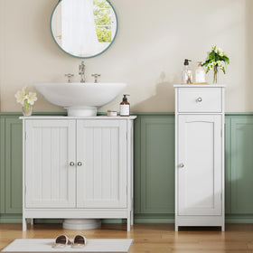 Iwell cabinet with hidden shelf behind door for bathroom essentials.