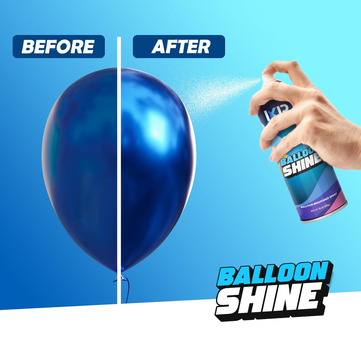 ixirpro Balloon Shine Spray works on latex, foil, and helium balloons for lasting shine.