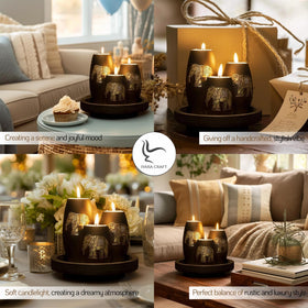 IYARA CRAFT elephant candle holders on a table, anti-slip tray edges for safe candle use.