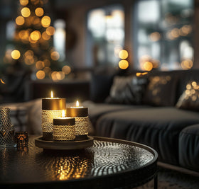 IYARA CRAFT Rustic black tealight holders on a matching tray for warm table ambience.
