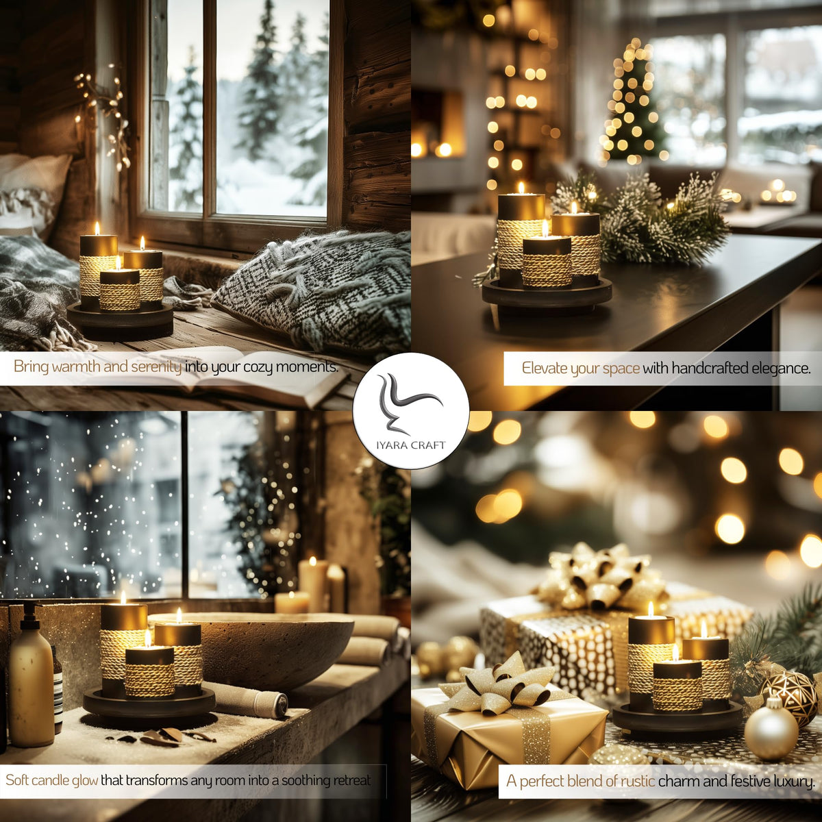 IYARA CRAFT Wood and rope accent tealight holders add modern rustic charm.