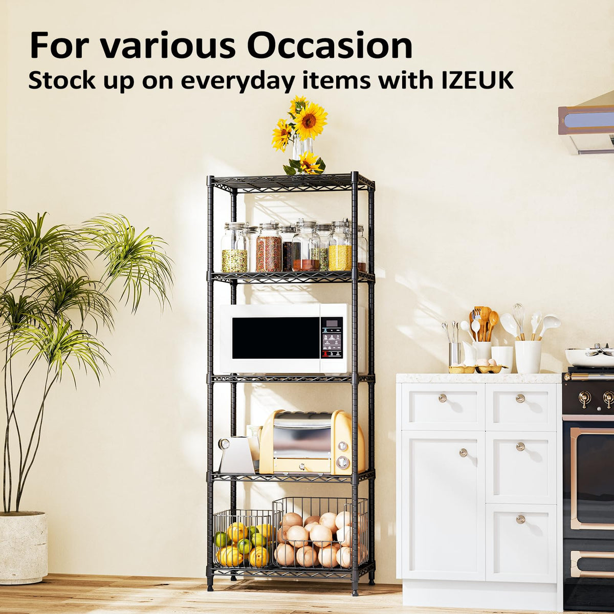 IZEUK 1250-lb capacity shelving keeps heavy items securely organized.