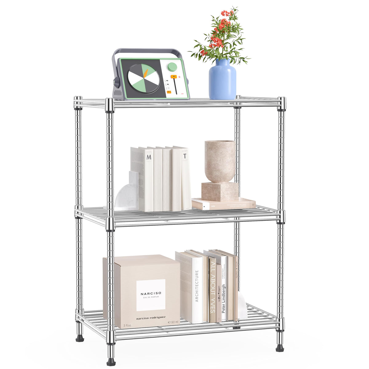 IZEUK 3-tier shelf chrome overview showing versatile home storage