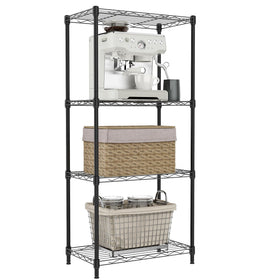 IZEUK 4-tier shelf unit front view, black metal, ideal for tight spaces.
