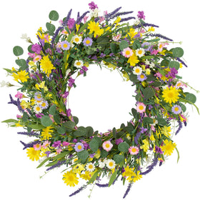 J'FLORU Spring Wreath on front door with daisies and lavender for curb appeal.