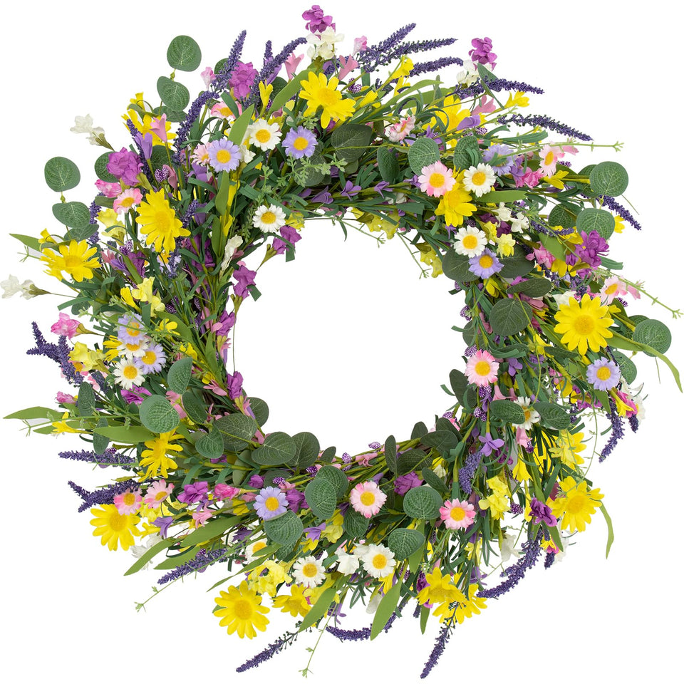 J'FLORU Spring Wreath on front door with daisies and lavender for curb appeal.