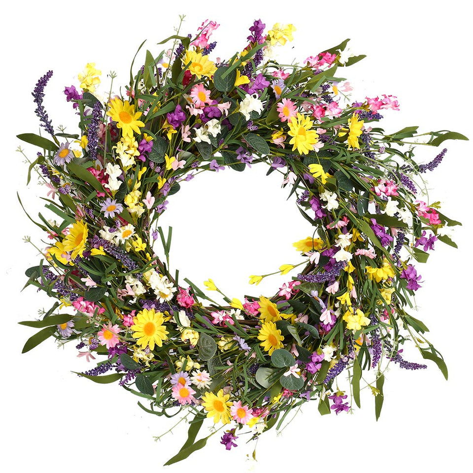 J'FLORU spring wreath on front door with daisies and lavender