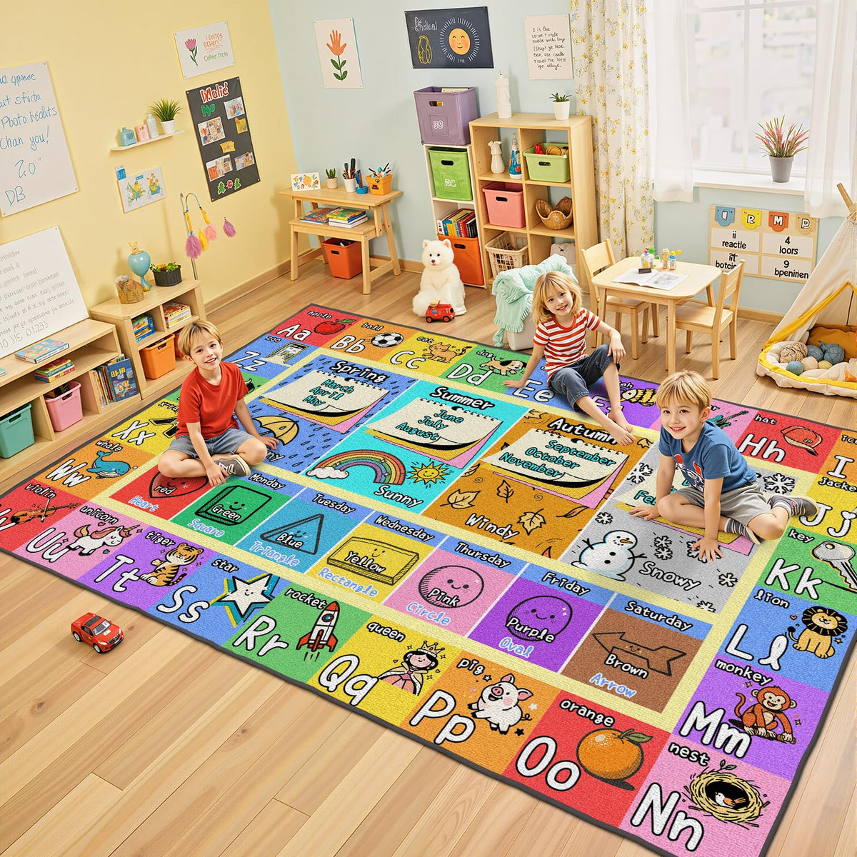 J Rombol ABC playroom rug with letters and graphics for early learning.