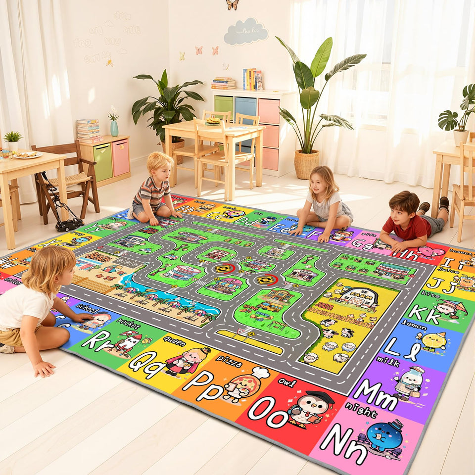 J Rombol Kids Road Rug with alphabet border promotes early literacy and imaginative play