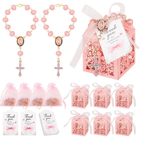 J6&H6 pink baptism rosaries with crystal beads catch the light for an elegant keepsake.
