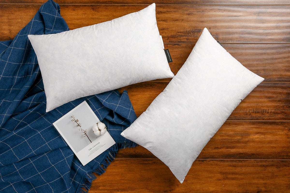 JA COMFORTS 12x20 goose-down pillow insert in square white cover offers plush loft.