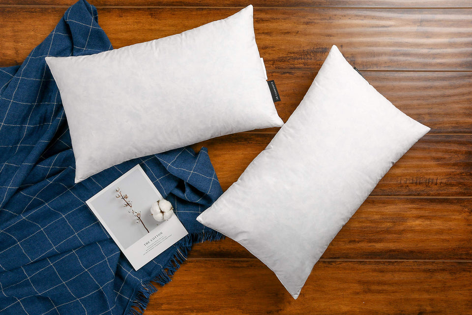 JA COMFORTS 12x20 goose-down pillow insert in square white cover offers plush loft.