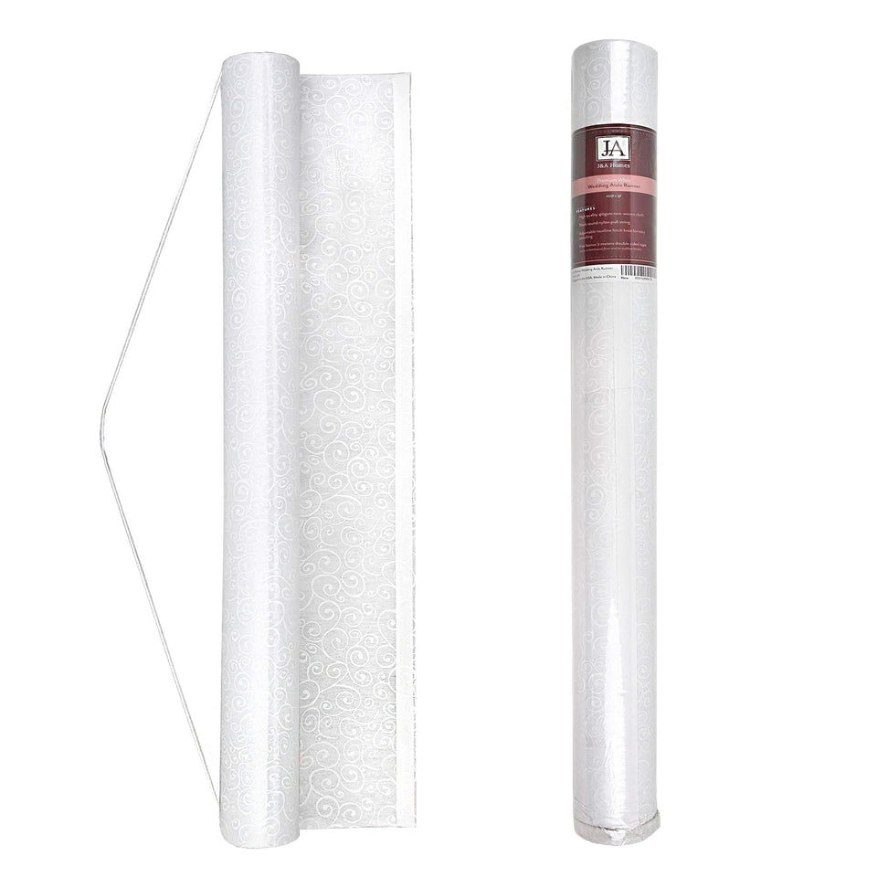 J&A Homes white wedding aisle runner with floral scroll pattern for elegant ceremonies.