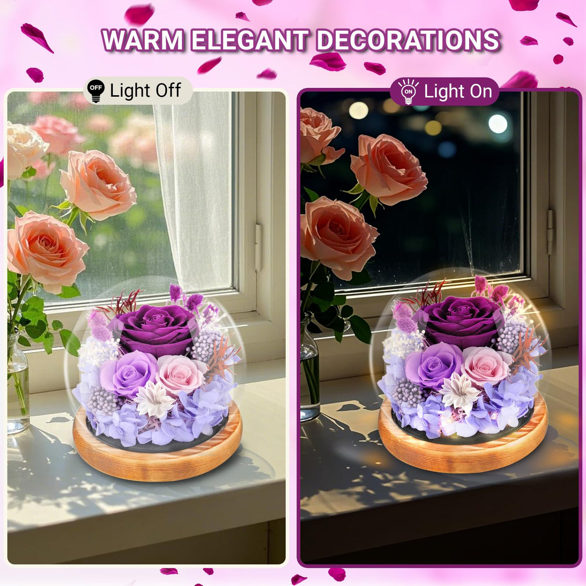 Jabeick preserved rose dome showcases long-lasting petals under glass dome.