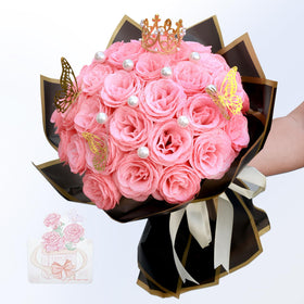 Jabeick Glitter Roses Bouquet 24 pink roses close-up for festive decor.