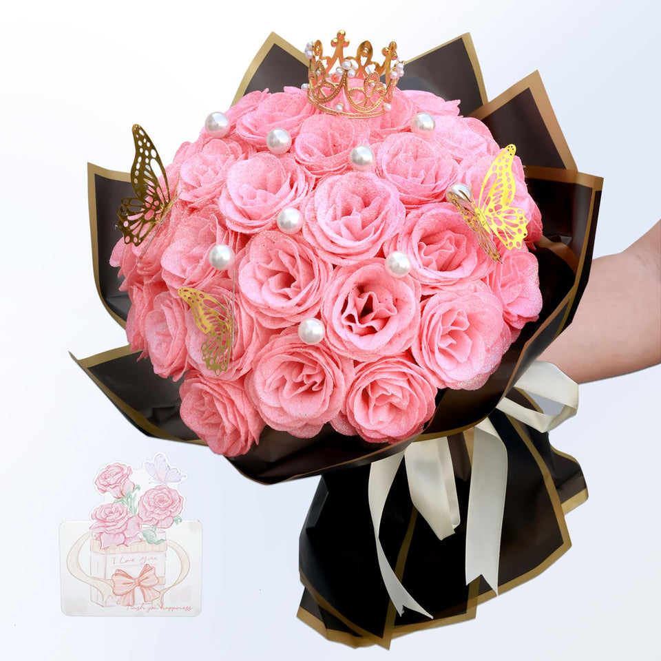 Jabeick Glitter Roses Bouquet 24 pink roses close-up for festive decor.